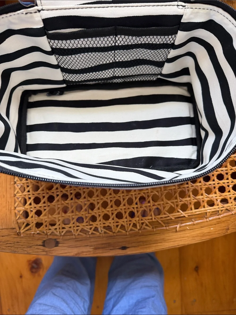 Frances Valentine Black and White Striped Cosmetic Case with Tan Pulls